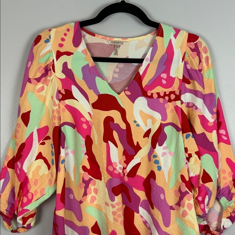 Esqualo Heat Wave Boho Retro Colourful Balloon Sleeve Blouse Size 4 Pink Orange - Picture 4 of 14